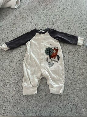 Gerber Cream and Charcoal Raglan Bear Embroidered One-Piece
